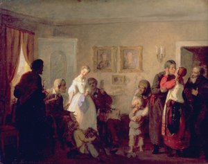 Het feliciteren van de pasgetrouwden in een landhuis door Grigori Grigorievich Mjasoedov