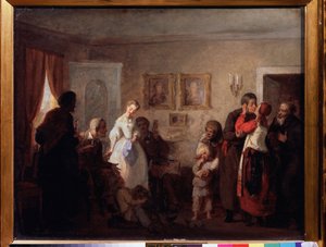 Felicitatie aan een pasgetrouwd stel in een landhuis door Grigori Grigoryevich Myasoedov