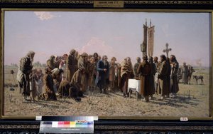 Russische boeren en een orthodoxe priester die bidden tijdens droogte