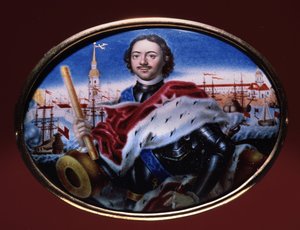 Portret van keizer Peter I met een uitzicht op de Peter en Paul-vesting in Sint-Petersburg