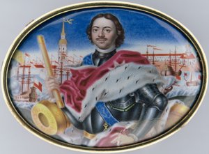 Portret van Peter I (1672-1725) tegen de St. Peter en St. Paul Vesting en Trinity Square in St. Petersburg, 1723