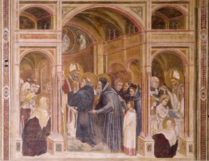 Kleding en doop van Augustinus, scène uit Verhalen van Sint Filippus en Sint Augustinus, door Guariento, fresco, Kerk van de Eremitani, Padua, Veneto, Italië door Guariento di Arpo