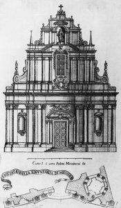 Facade en plattegrond van de Annunciatiekerk in Messina, gravure door Guarino Guarini (1624-1683), Italië
