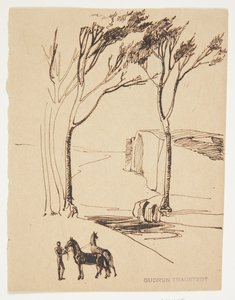 Ideaal landschap. Op de voorgrond man met twee paarden door Gudrun Traustedt