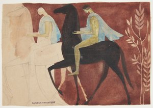 Twee jongemannen te paard. Ontwerp voor kamerdecoratie door Gudrun Traustedt