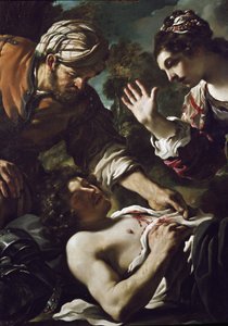Herminie ontdekt Tancrede (detail) door Guercino