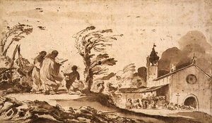 Landschap met een begrafenisstoet door Guercino