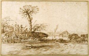 Een rivier in overstroming, en boeren met bijlen en andere gereedschappen