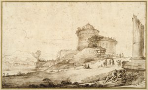 Landschap met een gebroken zuil, een kasteel en talrijke figuren op de voorgrond rechts door Guercino