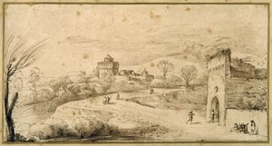 Landschap met een gekanteelde poort en een kronkelende weg