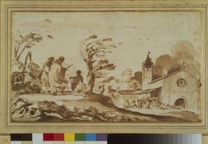 Landschap met figuren bij een kerk