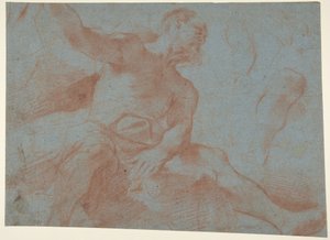 Zittende oude man met opgeheven rechterarm (Tithonus) (recto)