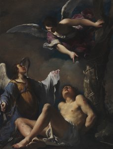 Sint Sebastiaan geholpen door twee engelen door Guercino