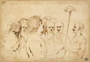 Groep figuren, met uil op een paal door Guercino