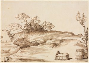Landschap met een man leunend op een baal, ca. 1640 door Guercino