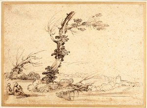 Landschap met valkeniers bij een boom door Guercino