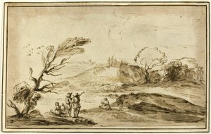 Twee groepen figuren in een landschap door Guercino