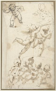 Putti en een zwevende engel door Guglielmo Caccia