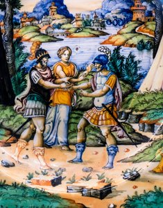 Schotel: Latinus en Aeneas, detail, circa 1540 (majolica) door Guido (attr. to) Durantino