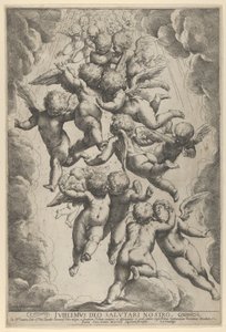 Een groep engelen die elkaar omarmen in de vlucht, omgeven door wolken door Guido Reni