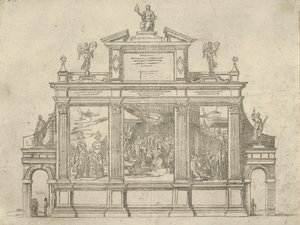 Gevel van een triomfmonument met drie scènes die de daden van paus Clemens VIII uitbeelden, een t..., 1598 door Guido Reni