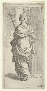 Meisje dat een kruis draagt en naar een pilaster stapt, van achteren gezien, ca. 1590-1600