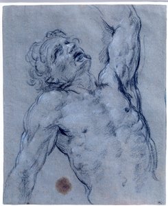 Halffiguur van naakte man, draait zich om, doet alsof hij lijdt Zwarte steentekening door Guido Reni genaamd De Gids (1573-1642)