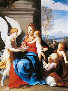 Heilige Familie bediend door engelen, door Guido Reni door Guido Reni