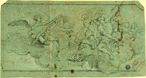 Muzikale engelen in wolken (recto); Zittende geestelijke (verso)