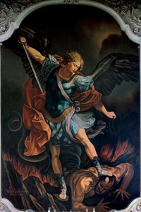 De Aartsengel Sint-Michael die de Draak verslaat, schilderij door V. M. De Girolamo (20e eeuw) naar Guido Reni. 1957 door Guido Reni