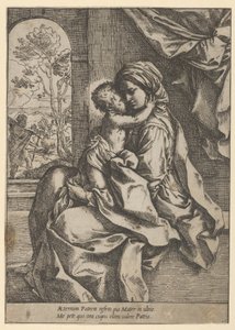 De Maagd zittend met het Christuskind op haar schoot die haar omhelst, Jozef gezien door..., ca. 1600-1613 door Guido Reni