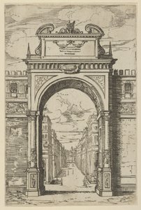 Triomfboog bekroond door een standbeeld van Mozes, gebouwen gezien door de boog hieronder, een t... door Guido Reni