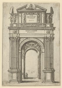 Triomfboog bekroond door een vrouw zittend op een dolfijn, vier staande figuren eronder, een tempel...