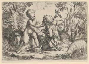 Jonge Sint Johannes de Doper knielend voor het kind Christus die zijn gezicht streelt, ca. 1600-1640 door Guido Reni