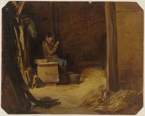 Brieven lezende jongen in een stal door Guillaume Anne van der Brugghen
