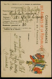 Handgeschreven ansichtkaart aan Jean Mollet, gedateerd 16 september 1915