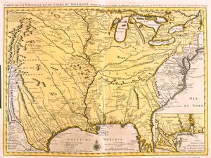 Kaart van Louisiana (VS) en de Mississippi-rivier (ets) door Guillaume Delisle