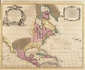 Kaart van Noord-Amerika (Groenland, Canada, VS, Mexico en de Caraïbische eilanden: Cuba, Haïti, Jamaica, West-Indië) (ets) door Guillaume Delisle