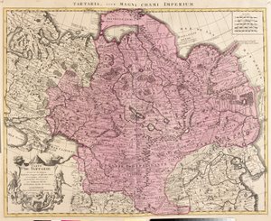 Kaart van Tartaria (Centraal-Azië, Siberië, Turkestan, Mongolië en Mantsjoerije) (ets) door Guillaume Delisle