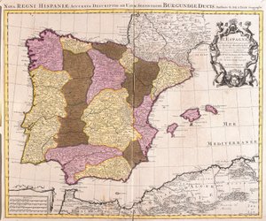 Kaart van het Iberisch Schiereiland, Koninkrijk Portugal en Spanje (ets) door Guillaume Delisle
