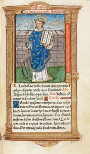 Gedrukt getijdenboek (gebruik van Rome): fol. 101r, St. Lawrence door Guillaume Le Rouge