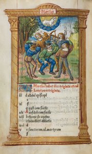 Gedrukt getijdenboek (Gebruik van Rome): fol. 4v, maart kalenderillustratie door Guillaume Le Rouge