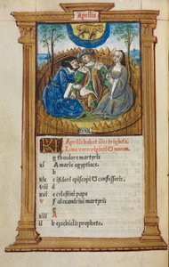 Gedrukt getijdenboek (gebruik van Rome): fol. 5v, illustratie aprilkalender door Guillaume Le Rouge