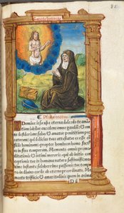 Gedrukt Getijdenboek (Gebruik van Rome): fol. 90r, St. Bridget in Gebed voor een Verschijning van Christus door Guillaume Le Rouge
