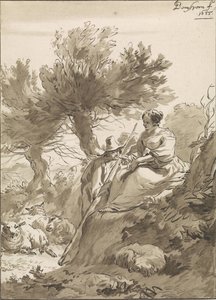 Landschap met herder en herderin en hun schapen door Guillaume Saint