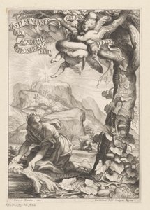 Allegorische voorstelling van een gelauwerde vrouw die een kalebasboom water geeft; op de achtergrond bestijgen figuren een berg. Titelpagina voor: Giovanni Baptista Ferrari, Fasti Senenses, Ab Academia Intronatorum Editi, 1661 door Guillaume Vallet