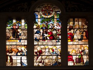 Episode uit het leven van Jezus, glas-in-lood door William van Marcillat (1470-1529) 1509, koor van de Basiliek Santa Maria del Popolo, Rome door Guillaume de  Marcillat