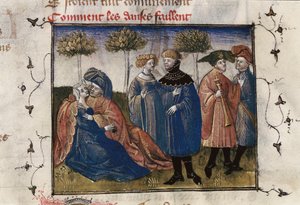 Een galante scène van hovelingen, miniatuur in "Roman de la Rose" door Guillaume Lorris door Guillaume de Lorris
