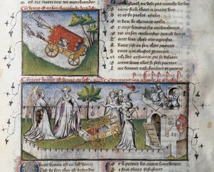 Hoe Venus arriveert en het kasteel bestormt dat door jaloezie is gebouwd, Miniatuur door Guillaume Lorris uit het manuscript Le Romanesque de la Rose
