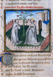 Voorstelling van een paar geliefden bij een roos, miniatuur in "Roman de la Rose" door Guillaume de Lorris